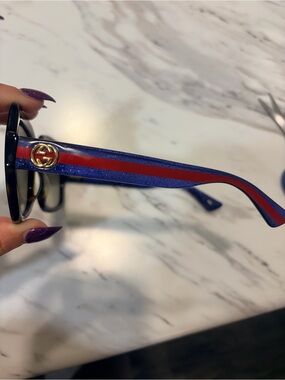Gucci Tortoise Frames with Blue and Red Stripe Women's Sunglasses
